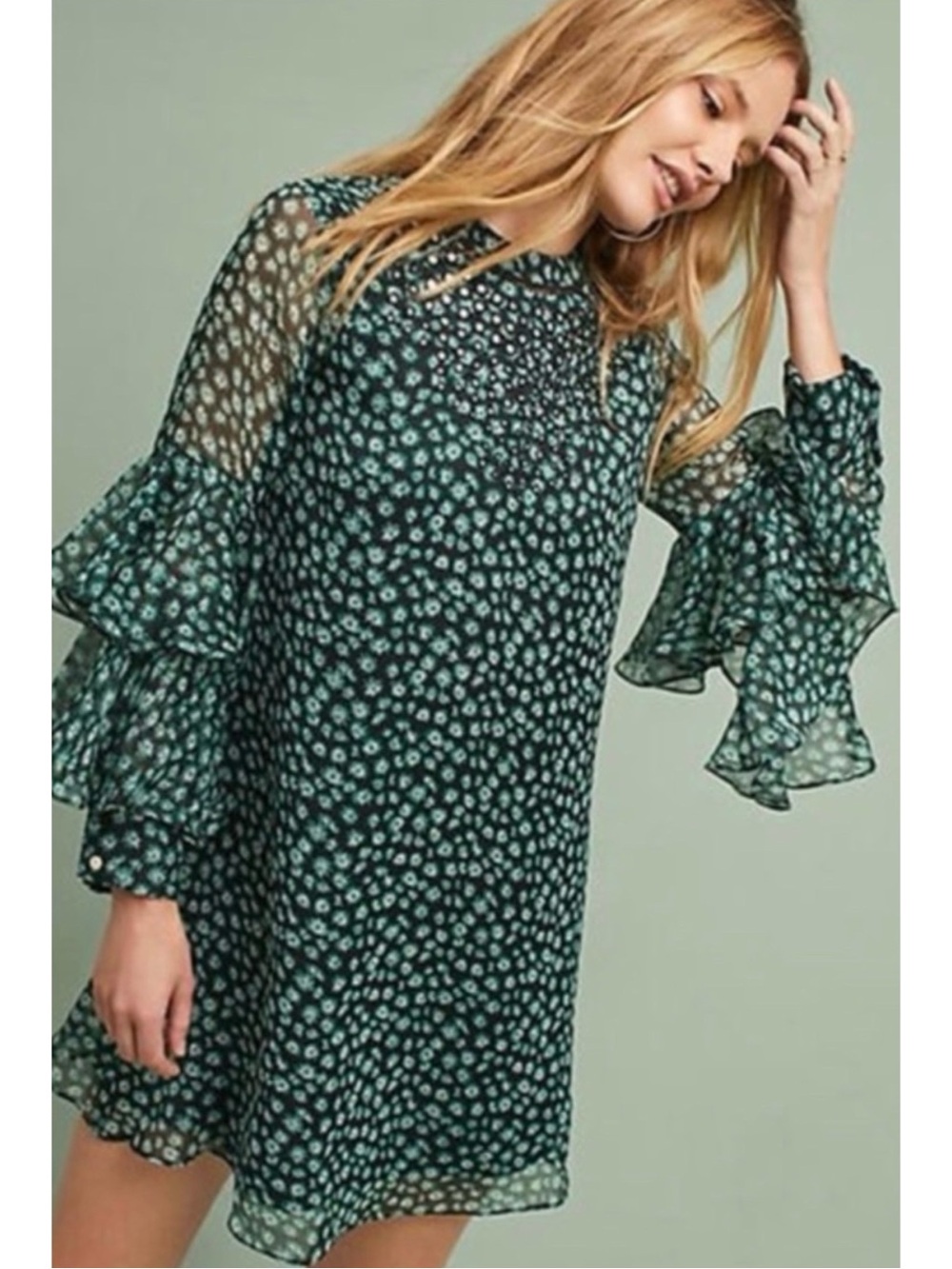 NWT ANTHROPOLOGIE RANNA GILL Floral Ruffle Sleeve Tiered Shift Dress Small